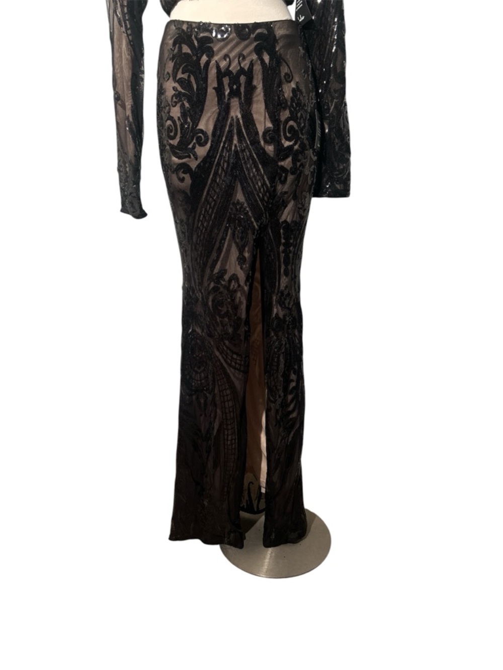 Lulu's Black Lace Sheer Embroidered Two-Piece Gown with Side Slit Size Small NEW - Picture 3 of 10